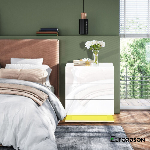 ELFORDSON (White - 3 Drawers) ELFORDSON Bedside Table LED Cabinet High Gloss Nightstand Bedroom 1