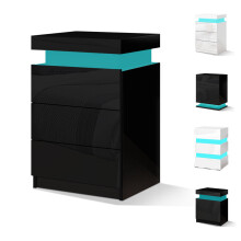 (Black - 3 Drawers) ELFORDSON Bedside Table LED Cabinet High Gloss Nightstand Bedroom