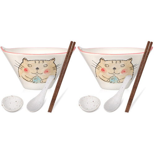 2Sets Versatile Ceramic Ramen Bowls with Double-Hole Chopsticks Holder