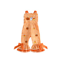 (2-3 Years, Orange) Toddler Girls Halloween Romper Overalls Pumpkin Ghost Embroidery Plaid Print Sleeveless Ruffle Bow Hem Bell Bottom Jumpsuit