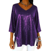 Women's Sparkly Tops Elegant V Neck 3/4 Sleeve-Purple XXL