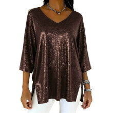 Women's Sparkly Tops Elegant V Neck 3/4 Sleeve Bottom-brown L