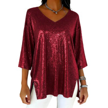Women's Sparkly Tops Elegant V Neck 3/4 Sleeve Bottom-Red XXL