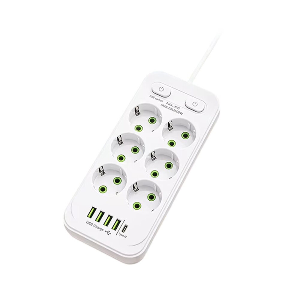 Eu Plug Ac Multitap Power Strip 2M Extension Cord Electrical Socket Usb Home Office Surge Protector Network Filter White 6032853689334