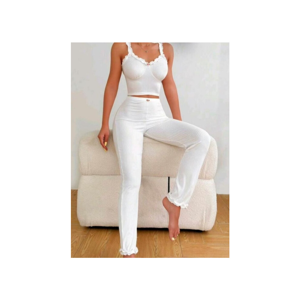 (White, S) New stretch wavy edge trousers girls pajamas set casual home wear-image-OPC-PV896CQ-NEW
