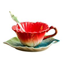 Künstlerisches, emailliertes Kaffeetassen-Set mit-Hibiskusblüte