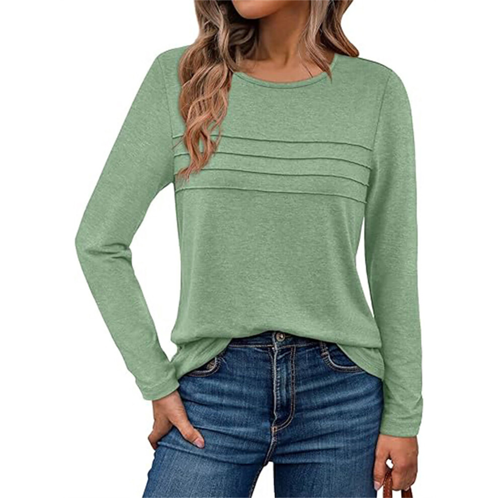 Green Women's Long-Sleeved Shirt, Casual Round Neck, Basic- Xxl