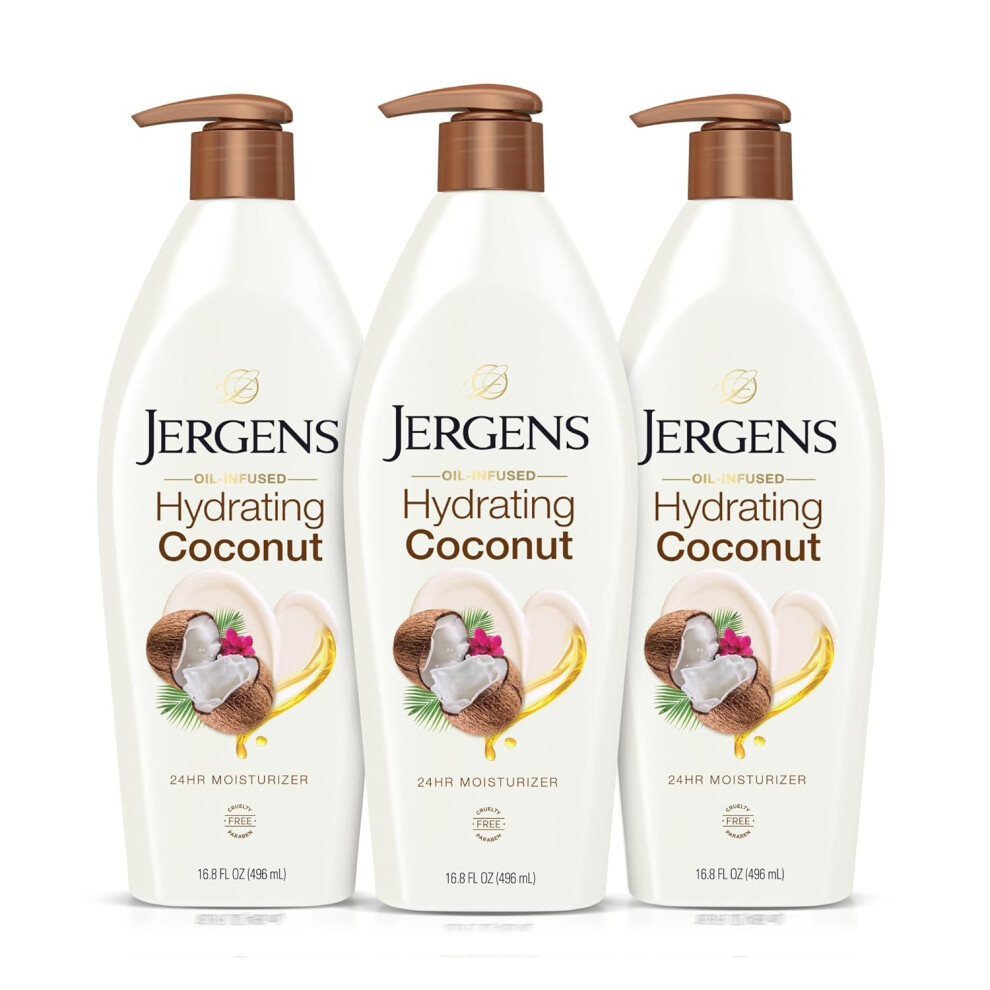 Jergens Hydrating Coconut Body Lotion, Hand And Body Moisturizer, Infused With Coconut Oil, Hydrates Dry Skin Instantly, 16.8 Oz, Pack Of 3