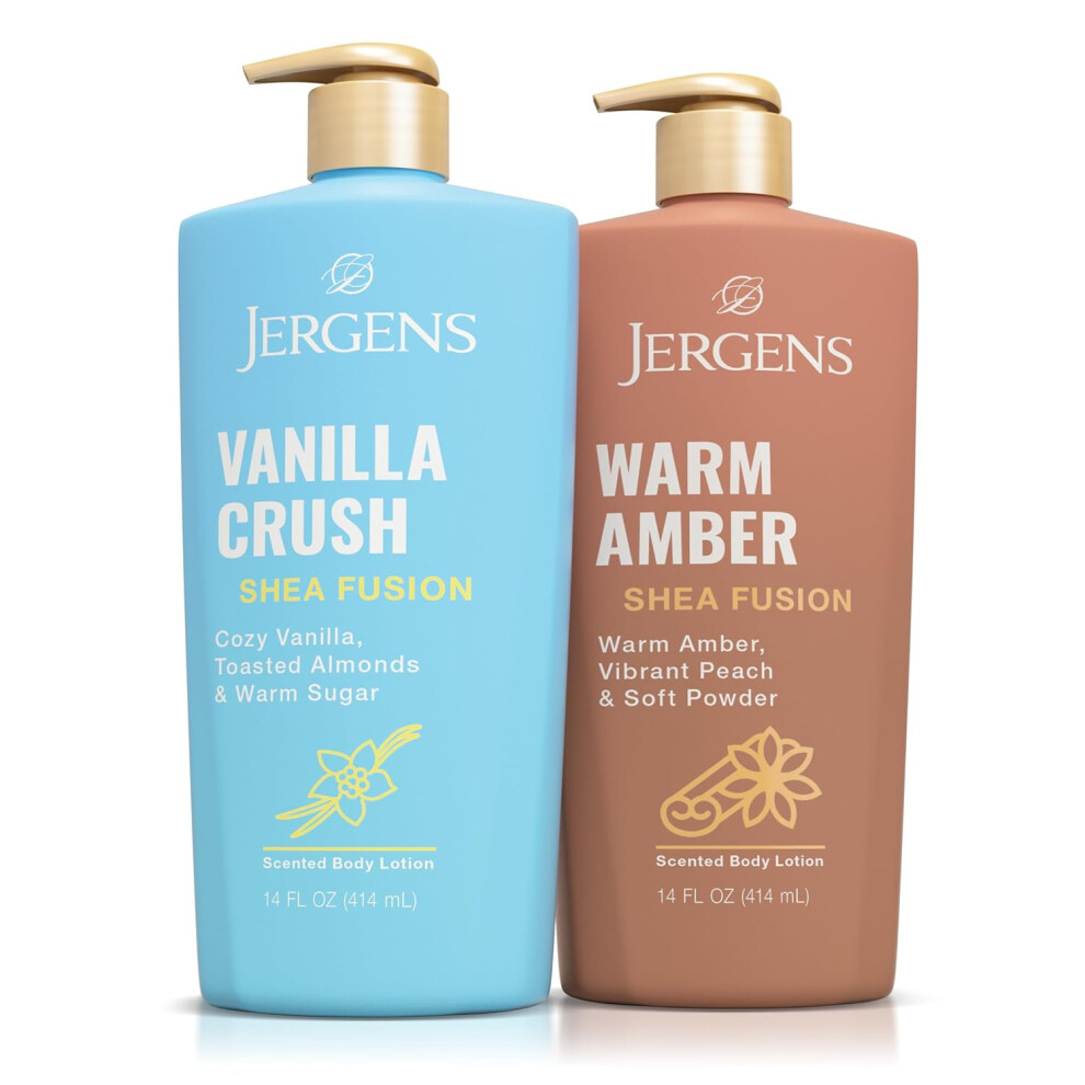 Jergens Amber Shea Fusion Body Lotion Dual Pack, Moisturizer With Shea Butter And Vitamin E, Vanilla Crush 14 Fl Oz And Warm 14 Fl Oz, Pack Of 2