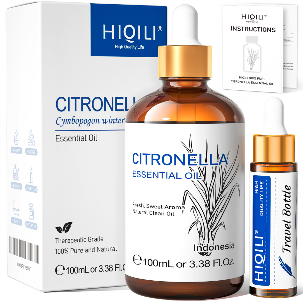 (Citronella, 100ml) HIQILI Essential Oil Rose Geranium Lavanda Citronela Tea Tree vanille Body Oil Face Skin Care Massage 100ML/3.38fl.oz