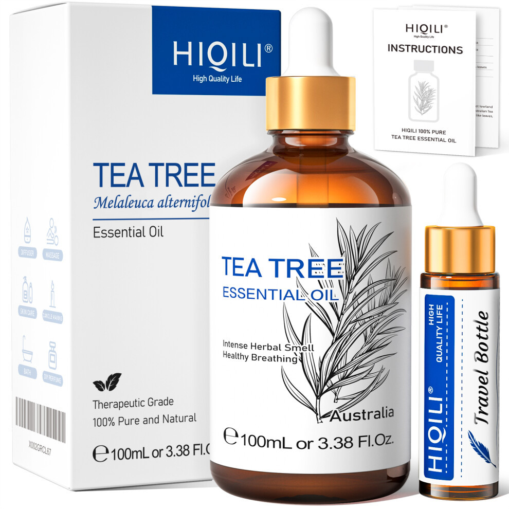 (Tea Tree, 100ml) HIQILI Essential Oil Rose Geranium Lavanda Citronela Tea Tree vanille Body Oil Face Skin Care Massage 100ML/3.38fl.oz