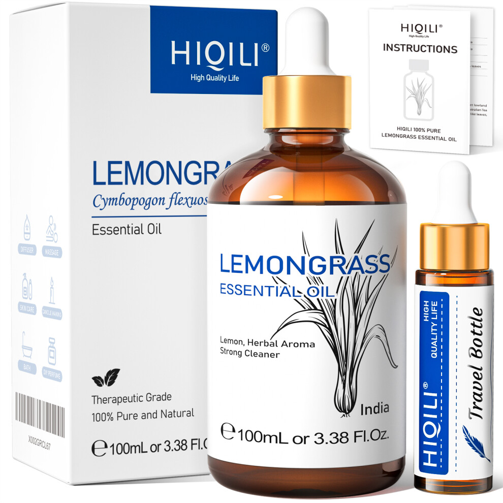 (Lemongrass, 100ml) HIQILI Essential Oil Rose Geranium Lavanda Citronela Tea Tree vanille Body Oil Face Skin Care Massage 100ML/3.38fl.oz