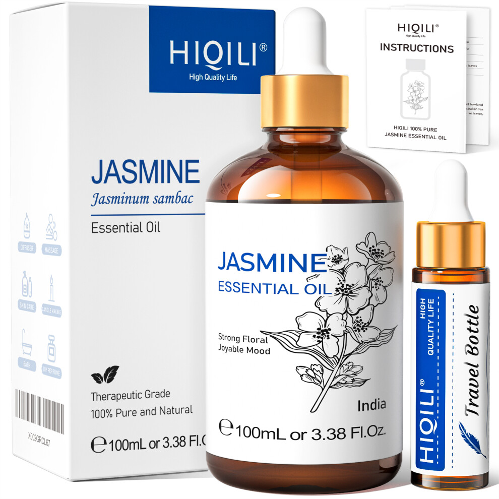 (Jasminum, 100ml) HIQILI Ylang-Ylang Essential Oil 100ML Citronella Geranium 100% Natural Tree Oil for Skin Massage Stress Relief & Aromatherapy