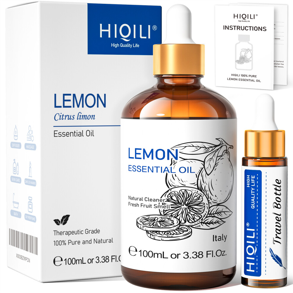 (Lemon, 100ml) HIQILI Ylang-Ylang Essential Oil 100ML Citronella Geranium 100% Natural Tree Oil for Skin Massage Stress Relief & Aromatherapy