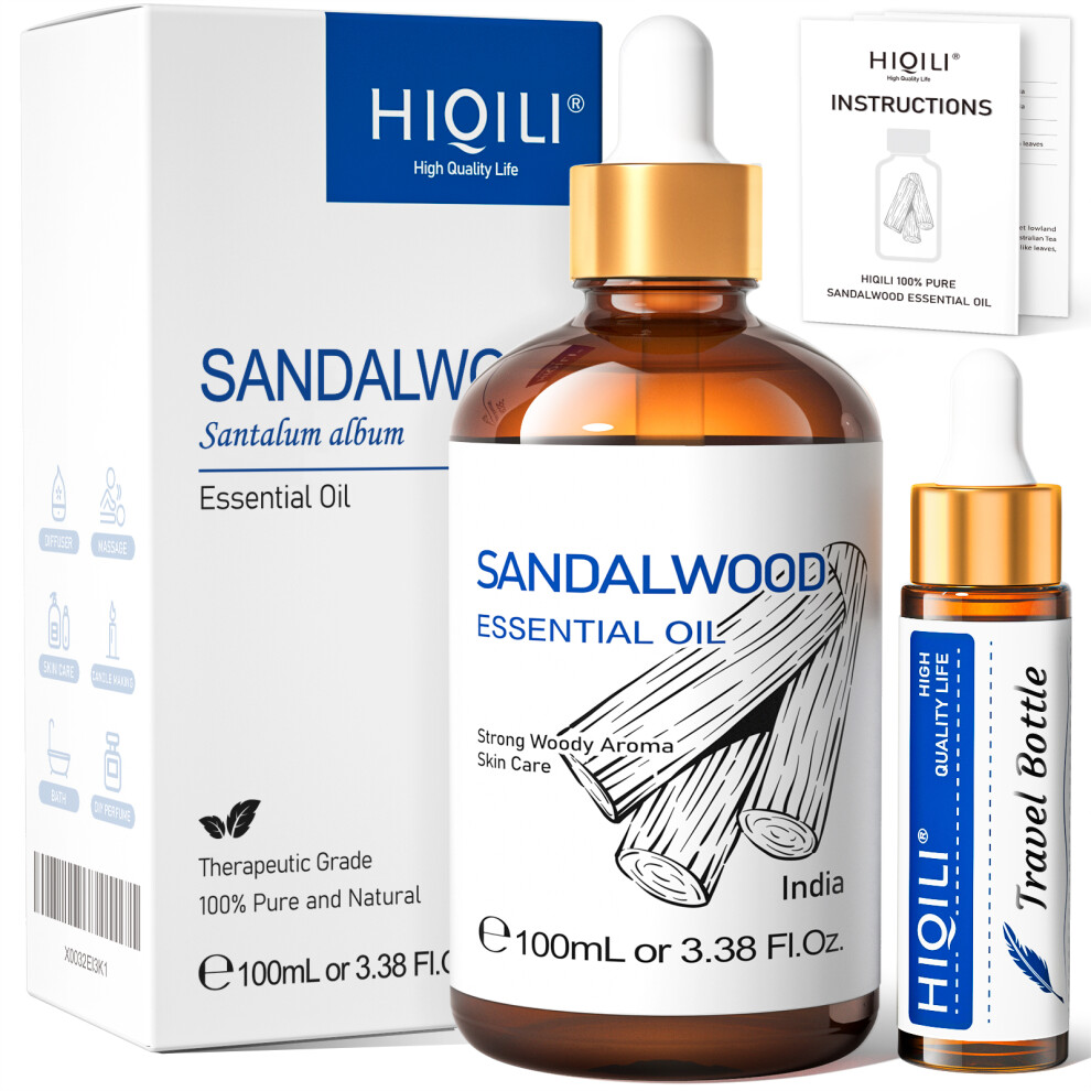 (Sandalwood, 100ml) HIQILI Ylang-Ylang Essential Oil 100ML Citronella Geranium 100% Natural Tree Oil for Skin Massage Stress Relief & Aromatherapy