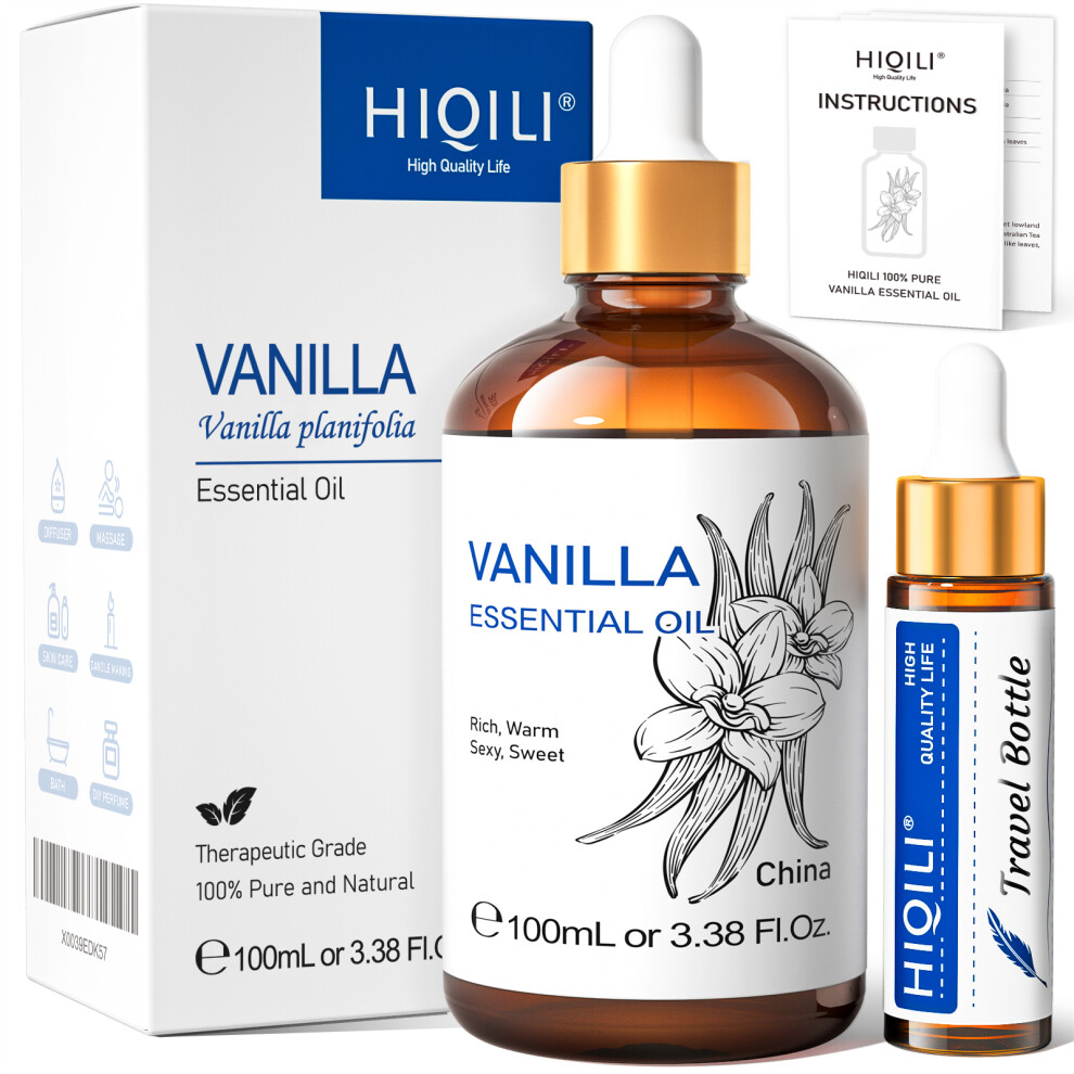 (Vanilla, 100ml) HIQILI Ylang-Ylang Essential Oil 100ML Citronella Geranium 100% Natural Tree Oil for Skin Massage Stress Relief & Aromatherapy