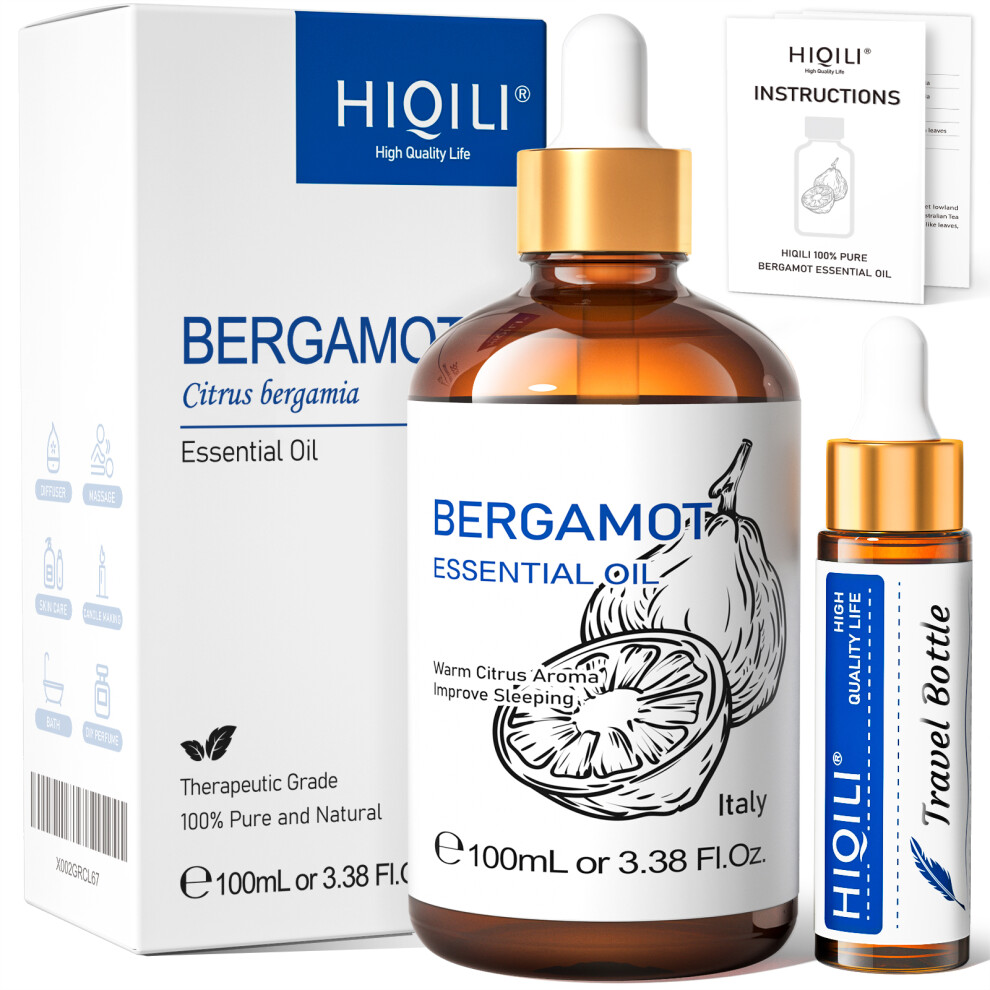 (Bergamot, 100ml) HIQILI Ylang-Ylang Essential Oil 100ML Citronella Geranium 100% Natural Tree Oil for Skin Massage Stress Relief & Aromatherapy