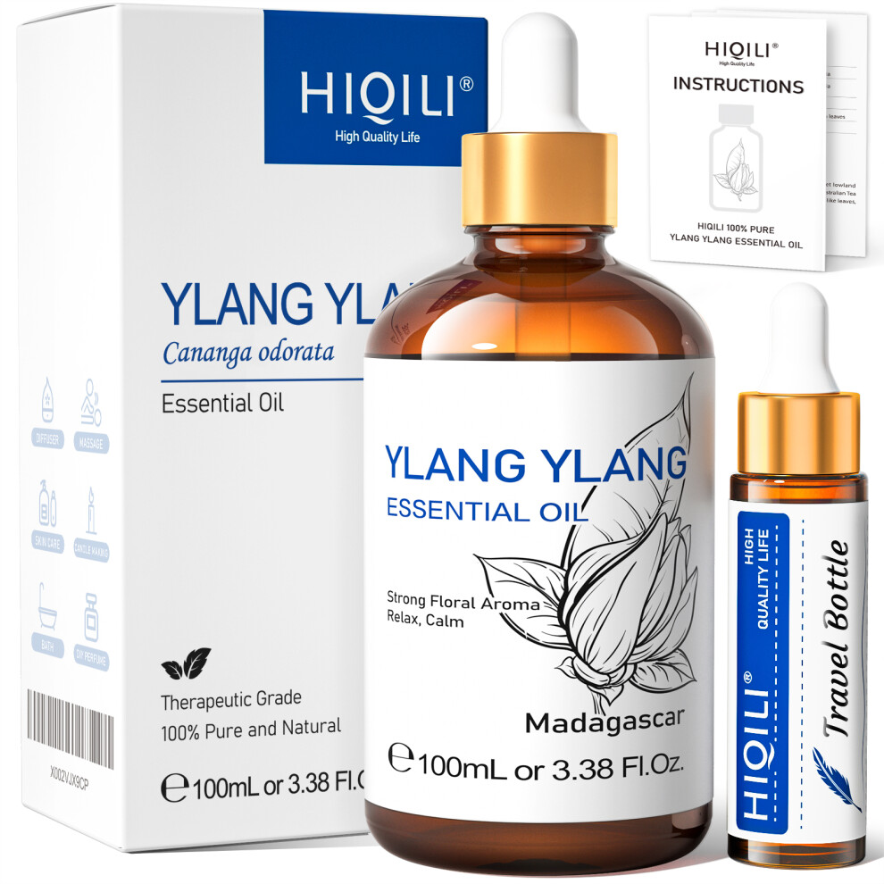 (Ylang Ylang, 100ml) HIQILI Ylang-Ylang Essential Oil 100ML Citronella Geranium 100% Natural Tree Oil for Skin Massage Stress Relief & Aromatherapy