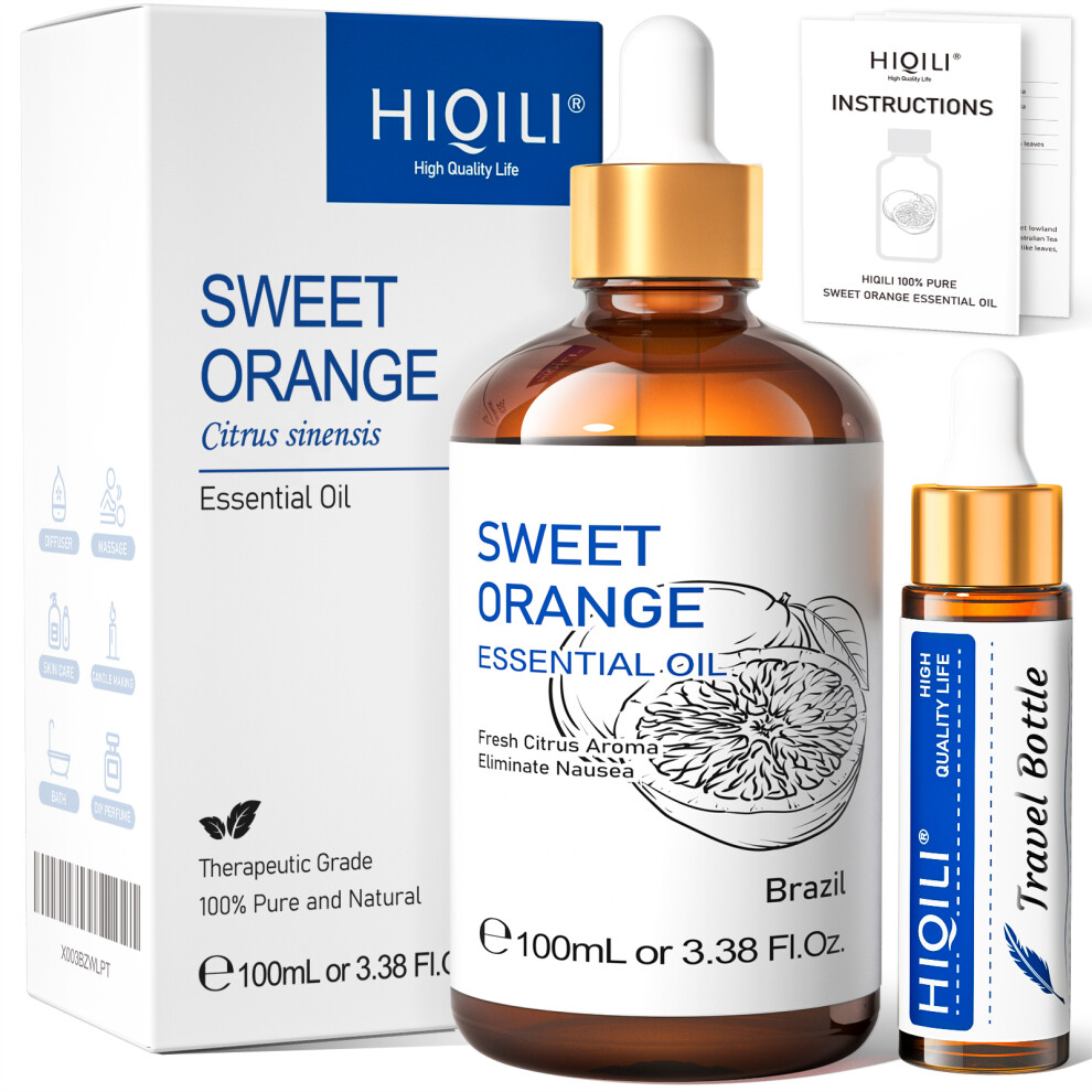 (Sweet Orange, 100ml) HIQILI Ylang-Ylang Essential Oil 100ML Citronella Geranium 100% Natural Tree Oil for Skin Massage Stress Relief & Aromatherapy