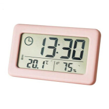 Termometro digitale a LED con allarme, monitoraggio dell'umidità interna, orologio, colore rosa, dimensioni compatte: 9,6 x 5,8 x 1 cm.