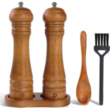 Wooden Salt and Pepper Grinder Set with Stand - 8-Inch Oak Wood Salt Mill Pepper Grinder Set, Adjustable Ceramic Core