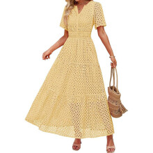 Women V Neck Short Sleeve Eyelet Elastic Waist Beach-Yellow L