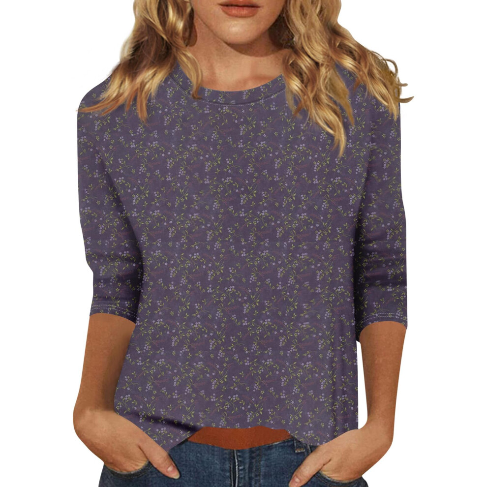 Women's Three-Quarter Sleeve Round Neck Casual-Dark Grey L