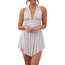 (Large, Z-s Silver) Women Sparkly Sequin Mini Dress Spaghetti Strap Backless A-Line Back Hollow Out High Waist Elegant Party Dress