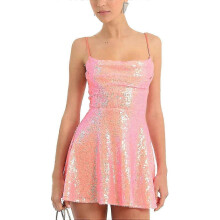 (Large, Z-a Pink Orange) Women Sparkly Sequin Mini Dress Spaghetti Strap Backless A-Line Back Hollow Out High Waist Elegant Party Dress