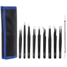 Set van 10 precisie-pincetten van roestvrij staal met ESD-bescherming voor elektronica-reparatie en het hanteren van sieraden.