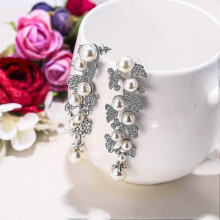 Women's Crystal Faux Pearl Bridal Leaf Drop Earrings