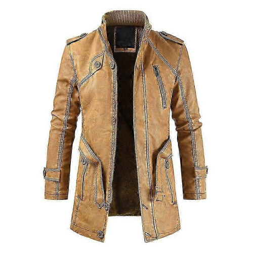 (3XL, LIGHT  BROWN) Men Leather Coat Winter Long Leather Coat