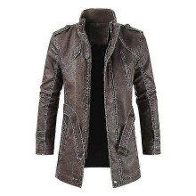 (2XL, DARK  BROWN) Men Leather Coat Winter Long Leather Coat