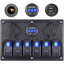 Panel de interruptores basculantes impermeables de 6 vías con pantalla digital de voltaje, 12V/24V, toma de carga USB doble de 5V