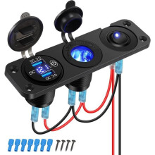 12V QC3.0 USB Car Charger Panel with Cigarette Lighter Socket, LED Voltmeter and Rocker Switch, Black