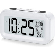 Reloj despertador digital con pantalla LED de 4,3 pulgadas, funciona con pilas, función de repetición de alarma, fácil de usar, color blanco.