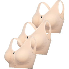 (S, khaki) 2pcs Zip Front Post Surgery Bra Yoga Bra Workout Fitness Activewear Padded Bras For Women-r
