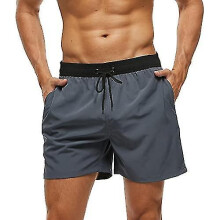 (M, Black Grey) Men S Swim Trunks With Zip Pocket Waterproof Drying Quick Swimsuit Bathing Shorts With Adjustable Drawstring-n