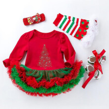 (12-24 months) Christmas Baby Girl Day Dress Baby Spring And Autumn Long Sleeve Red And Green Wrapped Dress Princess Hack Dress Set-r