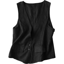 (X-Small, Black) Womens Cotton Linen Vest Casual Loose V Neck Sleeveless Vests Jacket-e