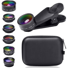 Kit di obiettivi a clip per smartphone con obiettivo grandangolare 0,63x, macro 15x e fisheye a 198 per la fotografia mobile.