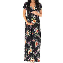 Short Sleeve Cross V-neck Pregnant Women Dress - Black
