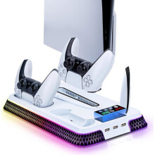 Stazione di ricarica e raffreddamento per PS5 e PS5 Slim con doppio caricabatterie per controller e ventola di raffreddamento a 3 velocità.