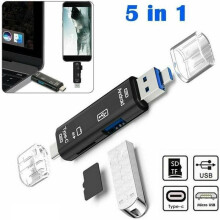 Leitor de cartão de memória 5 em 1 USB 3.0 Tipo C Micro USB Preto Adaptador Compacto