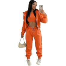 (XXL, Orange) Women's 3 Piece Padded Hooded Sweatshirt Sports Casual Outfit Tracksuit Set