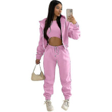 (XXL, Pink) Women's 3 Piece Padded Hooded Sweatshirt Sports Casual Outfit Tracksuit Set