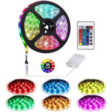 Fita de LED RGB de 2 metros com 60 LEDs, alimentada por bateria e com controle remoto. Autoadesiva, recortável e à prova d'água.