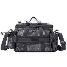 Bolsa de ombro multifuncional para pesca e camping, camuflagem azul, resistente à água.