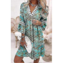 (L, GREEN) Women Bohemian Three Quarter Sleeve Mini Dress Loose Waist Spring Autumn Flare Sleeve V-neck Printing Ladies Princess Dress
