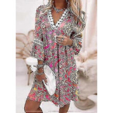 (L, RED) Women Bohemian Three Quarter Sleeve Mini Dress Loose Waist Spring Autumn Flare Sleeve V-neck Printing Ladies Princess Dress